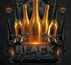 酷黑风格的派对海报/传单PSD模板：Black Gold Bottle Party